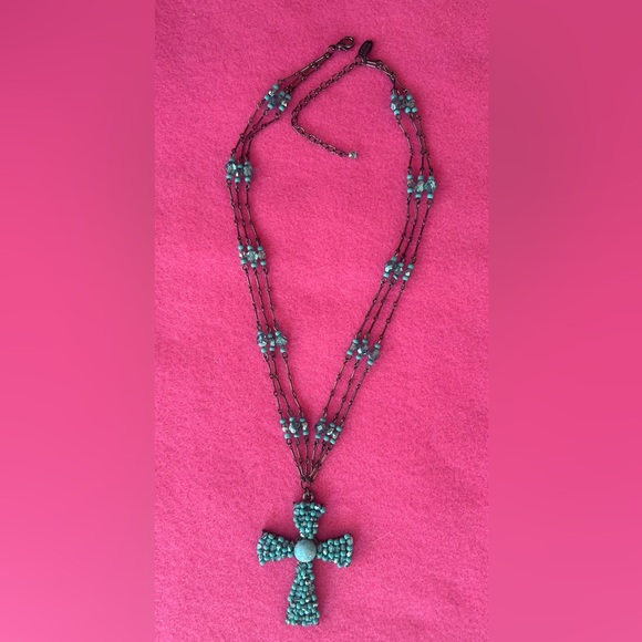 Vintage Miriam Haskell Turquoise Beaded Cross Necklace - Picture 2 of 4
